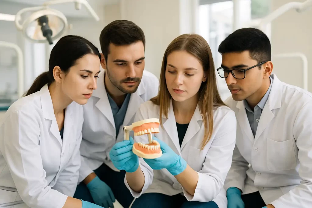 Kiril Metodi Üniversitesi Diş Hekimliği öğrencileri dental model üzerinde pratik ders yaparken
