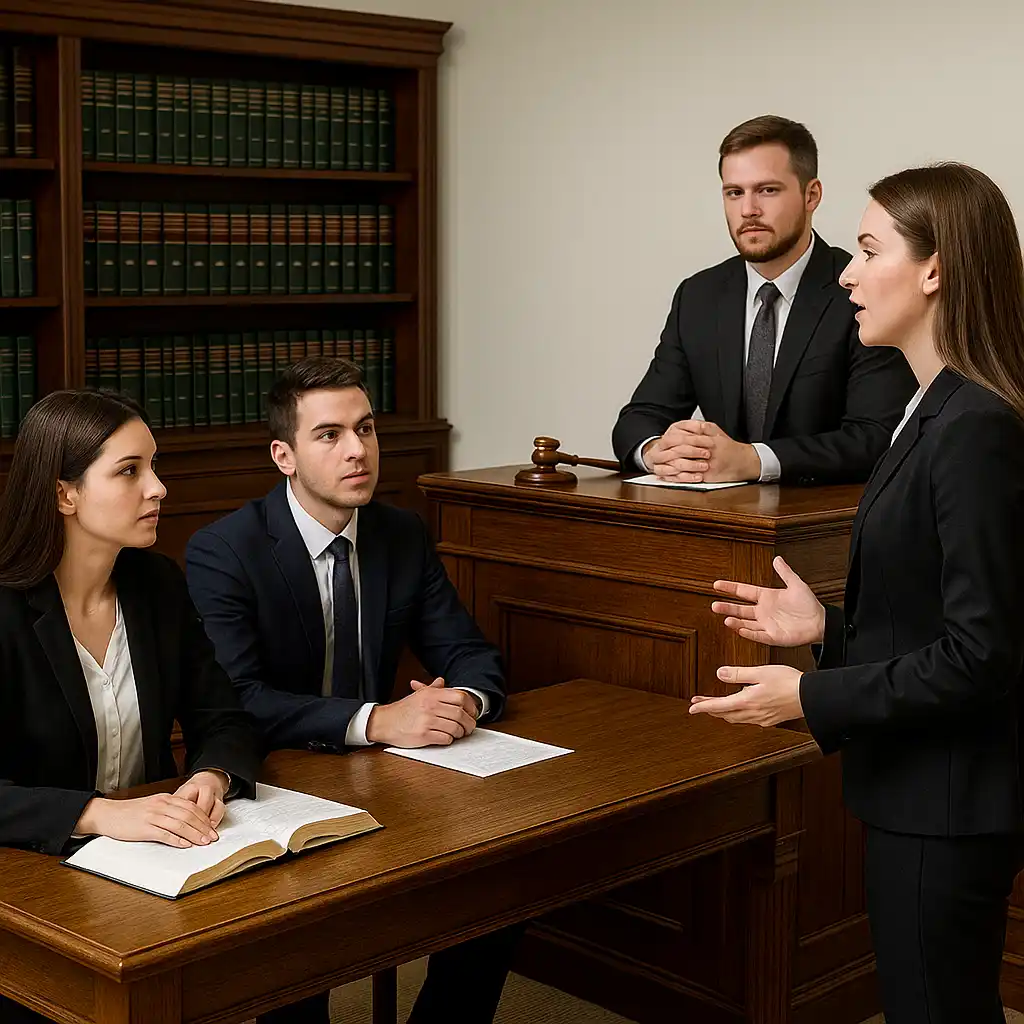 Kiril Metodi Üniversitesi Hukuk Fakültesi öğrencileri moot court oturumunda savunma yapıyor