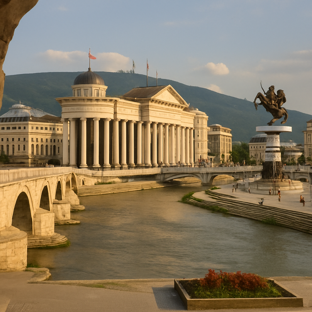 Makedonya'nın başkenti Üsküp'teki Taş Köprü ve Vardar Nehri kenarındaki Arkeoloji Müzesi'nin gün batımında çekilmiş panoramik görüntüsü. Makedonya'da yaşam giderleri konulu içerikte şehir tanıtımı için kullanılmıştır.