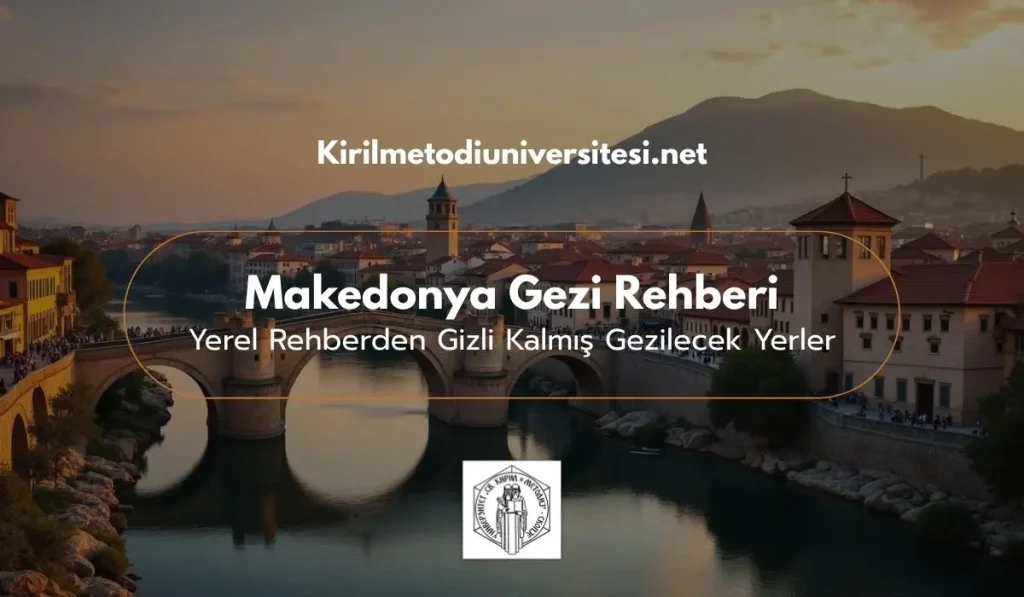 Makedonya Gezi Rehberi için hazırlanmış, tarihi bir taş köprü ve şehir manzarası içeren kapak görseli. Bu rehber, Makedonya'da yaşam giderleri planlaması yapan öğrencilere bütçe dostu gezi tüyoları sunmaktadır.