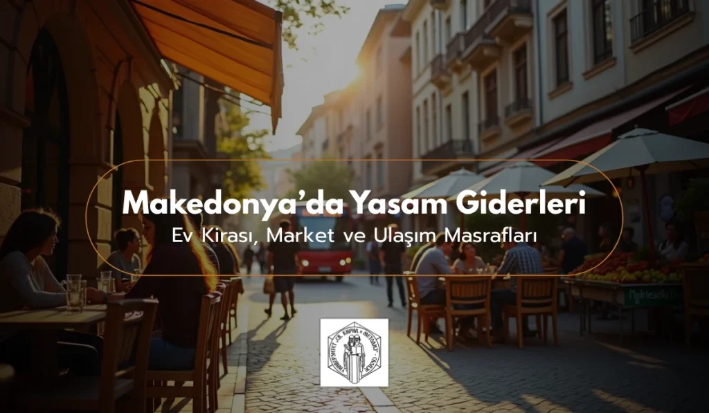 Makedonya'da yaşam giderleri konulu blog yazısı için hazırlanmış, Üsküp'te kafelerin ve insanların bulunduğu bir sokağı gösteren görsel.