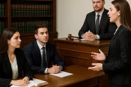 Kiril Metodi Üniversitesi Hukuk Fakültesi öğrencileri moot court oturumunda savunma yapıyor